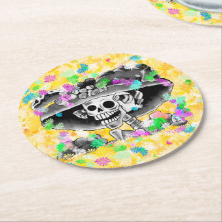 Laughing Skeleton Woman Dia De Los Muertos Round Paper Coaster
