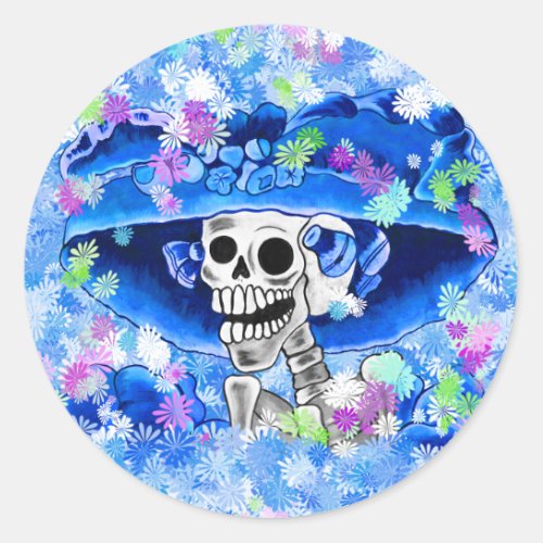 Laughing Skeleton Woman in Blue Bonnet Classic Round Sticker