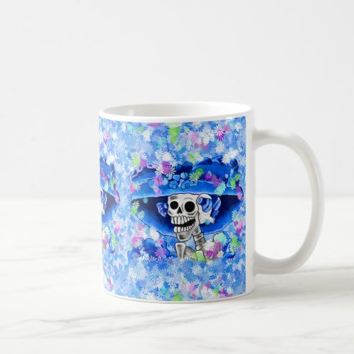 Laughing Skeleton Woman in Blue Bonnet Coffee Mug