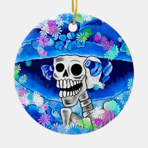 Laughing Skeleton Woman in Blue Bonnet on Blue Ceramic Ornament