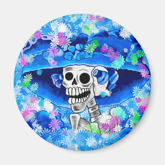 Laughing Skeleton Woman in Blue Bonnet on Blue Magnet