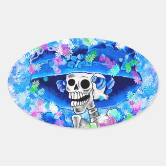 Laughing Skeleton Woman in Blue Bonnet on Blue Oval Sticker