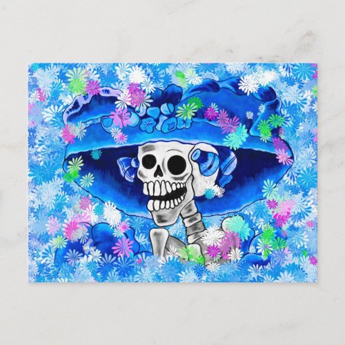 Laughing Skeleton Woman in Blue Bonnet on Blue Postcard