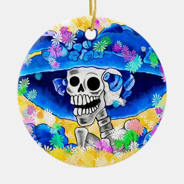 Laughing Skeleton Woman in Blue Bonnet on Yellow Ceramic Ornament (Front)