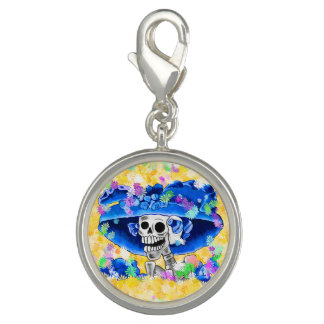 Laughing Skeleton Woman in Blue Bonnet on Yellow Charm