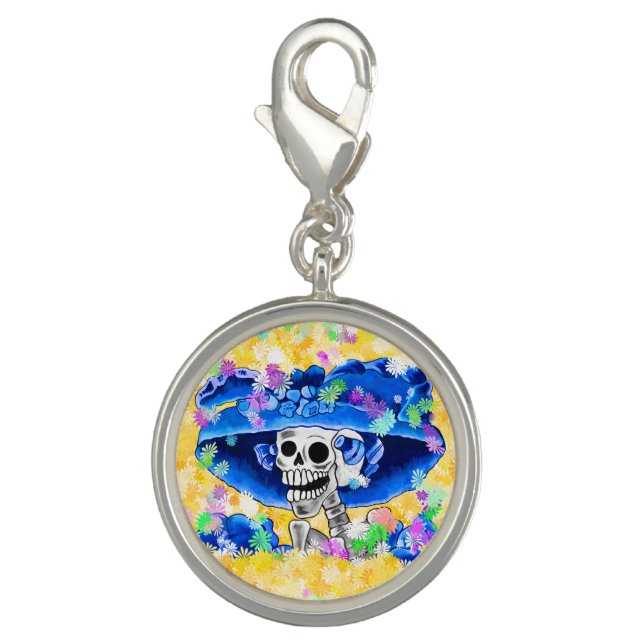 Laughing Skeleton Woman in Blue Bonnet on Yellow Charm (Front)