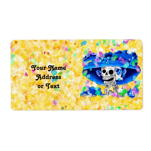 Laughing Skeleton Woman in Blue Bonnet on Yellow Label
