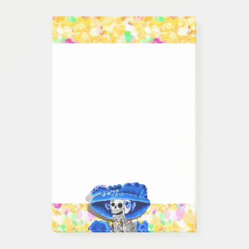 Laughing Skeleton Woman in Blue Bonnet on Yellow Post_it Notes