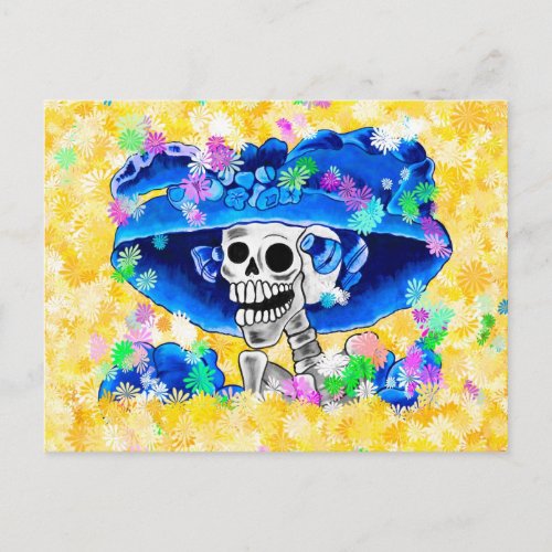 Laughing Skeleton Woman in Blue Bonnet on Yellow Postcard