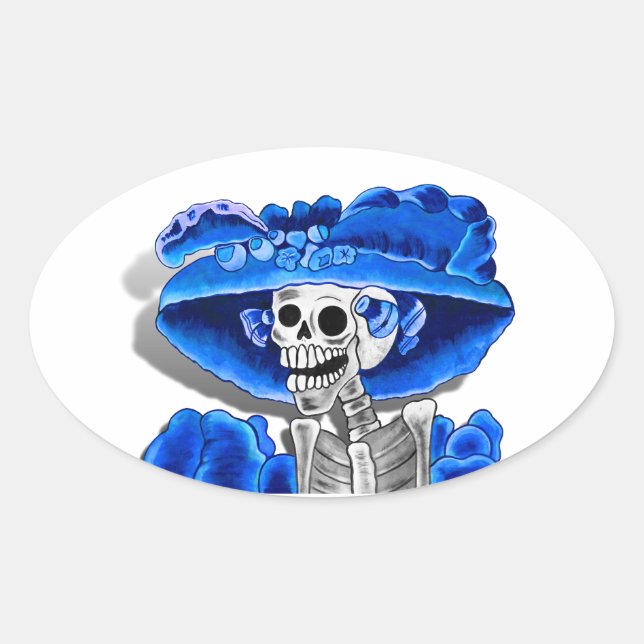 Laughing Skeleton Woman in Blue Bonnet Oval Sticker (Front)