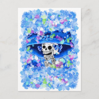 Laughing Skeleton Woman in Blue Bonnet Postcard