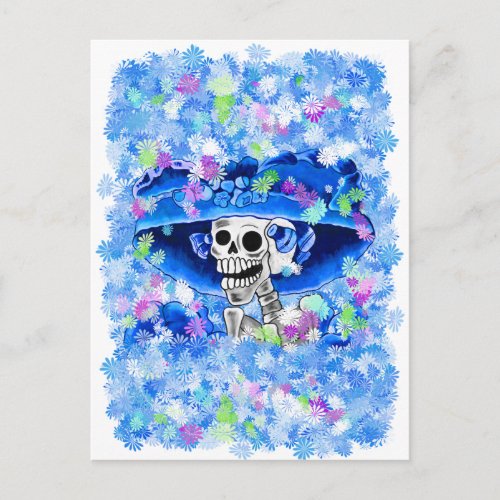 Laughing Skeleton Woman in Blue Bonnet Postcard