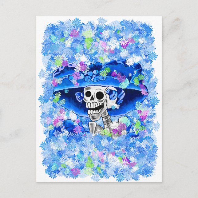 Laughing Skeleton Woman in Blue Bonnet Postcard (Front)
