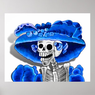 Laughing Skeleton Woman in Blue Bonnet Poster