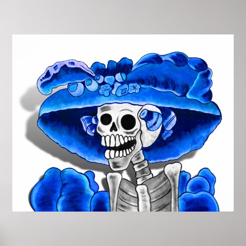 Laughing Skeleton Woman in Blue Bonnet Poster