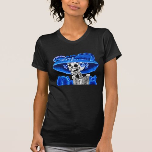 Laughing Skeleton Woman in Blue Bonnet T_Shirt