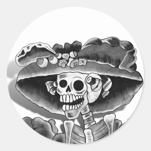 Laughing Skeleton Woman in  Bonnet Classic Round Sticker