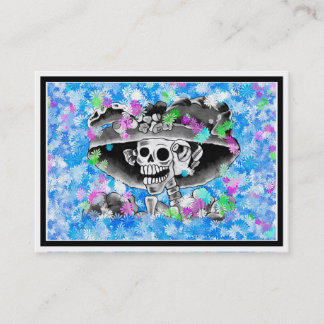 Laughing Skeleton Woman in Bonnet on Blue Business Card