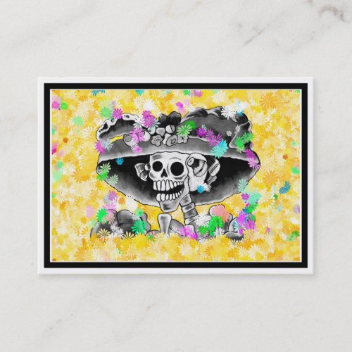 Laughing Skeleton Woman in Bonnet on Yellow Business Card