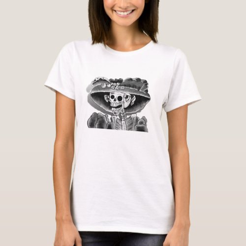 Laughing Skeleton Woman in  Bonnet T_Shirt