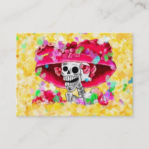 Customizable Laughing Skeleton Woman in Red Bonnet on Yellow Business Card Template