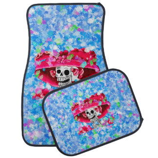 Laughing Skeleton Woman in Red Bonnet Car Floor Mat