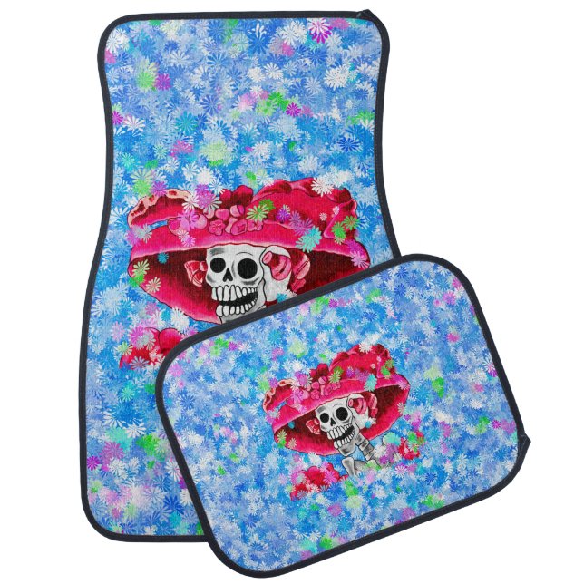 Laughing Skeleton Woman in Red Bonnet Car Floor Mat (Set)