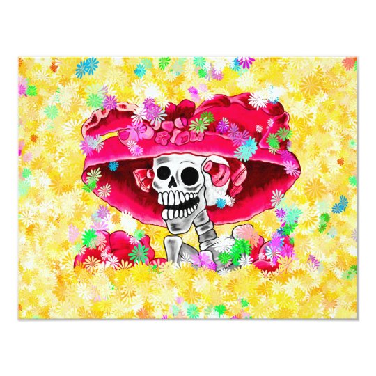 Laughing Skeleton Woman in Red Bonnet Card