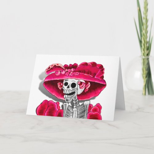 Laughing Skeleton Woman in Red Bonnet Card