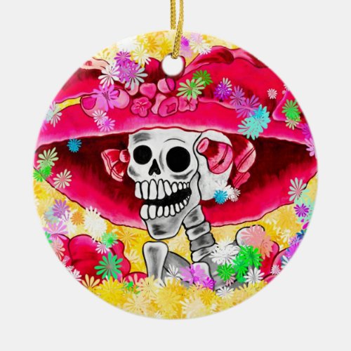 Laughing Skeleton Woman in Red Bonnet Ceramic Ornament