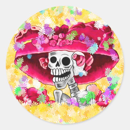 Laughing Skeleton Woman in Red Bonnet Classic Round Sticker