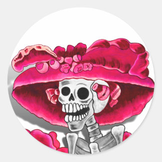 Laughing Skeleton Woman in Red Bonnet Classic Round Sticker