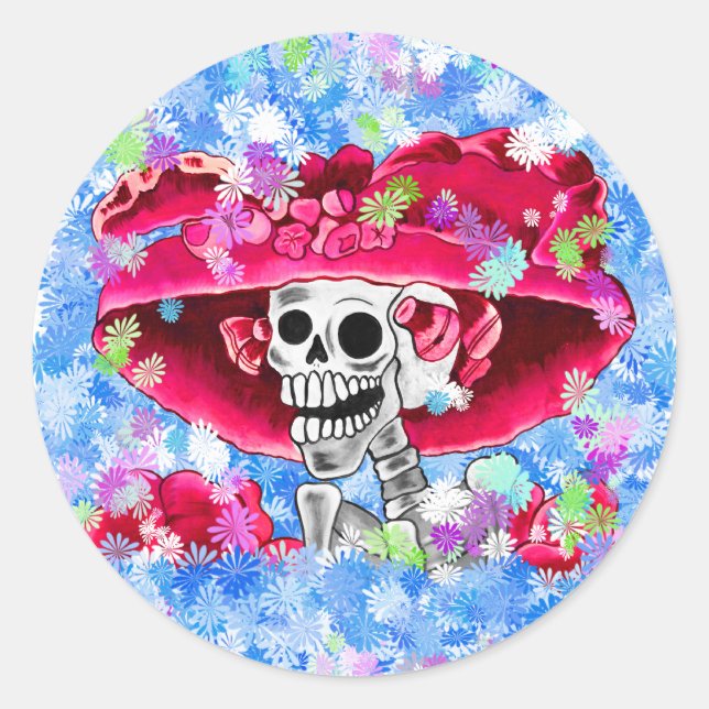 Laughing Skeleton Woman in Red Bonnet Classic Round Sticker (Front)