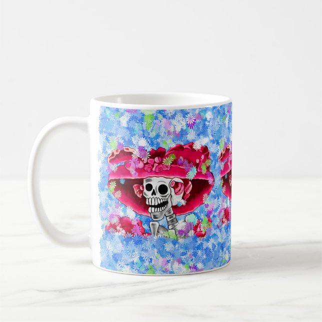 Laughing Skeleton Woman in Red Bonnet Coffee Mug (Left)