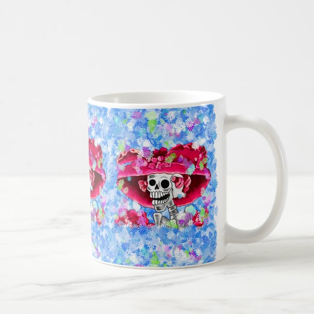 Laughing Skeleton Woman in Red Bonnet Coffee Mug (Right)