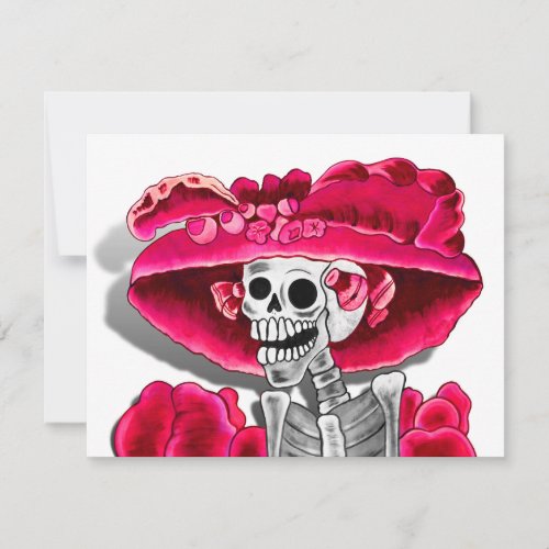 Laughing Skeleton Woman in Red Bonnet Invitation
