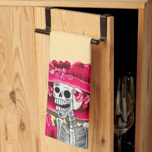 Laughing Skeleton Woman in Red Bonnet Kitchen Towel