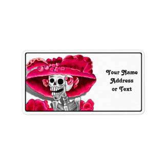 Laughing Skeleton Woman in Red Bonnet Label