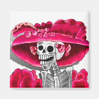 Laughing Skeleton Woman in Red Bonnet Magnet