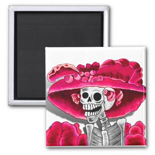 Laughing Skeleton Woman in Red Bonnet Magnet