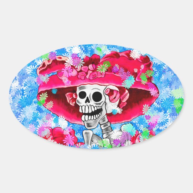 Laughing Skeleton Woman in Red Bonnet on Blue Oval Sticker (Front)