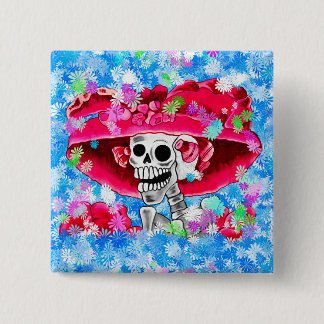 Laughing Skeleton Woman in Red Bonnet Pinback Button