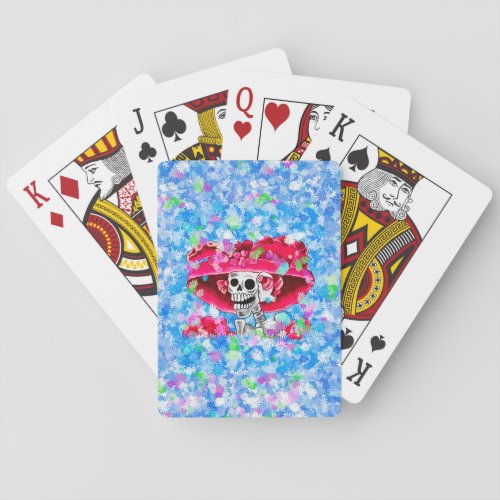 Laughing Skeleton Woman in Red Bonnet Playing Cards