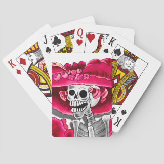 Laughing Skeleton Woman in Red Bonnet Poker Cards