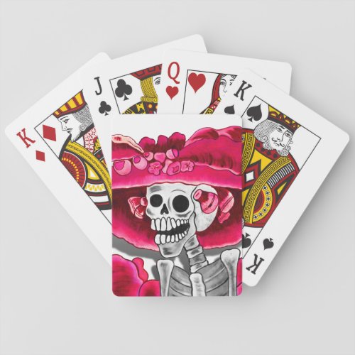 Laughing Skeleton Woman in Red Bonnet Poker Cards