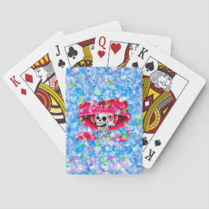 Laughing Skeleton Woman in Red Bonnet Poker Cards