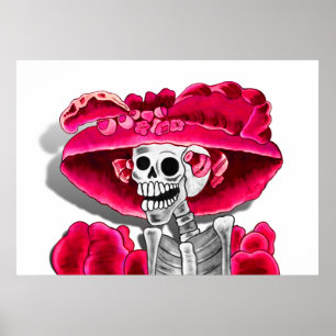 Laughing Skeleton Woman in Red Bonnet Poster