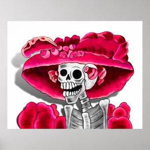 Laughing Skeleton Woman in Red Bonnet Poster