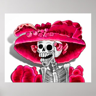 Laughing Skeleton Woman in Red Bonnet Poster