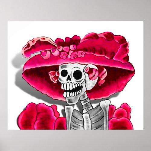 Laughing Skeleton Woman in Red Bonnet Poster